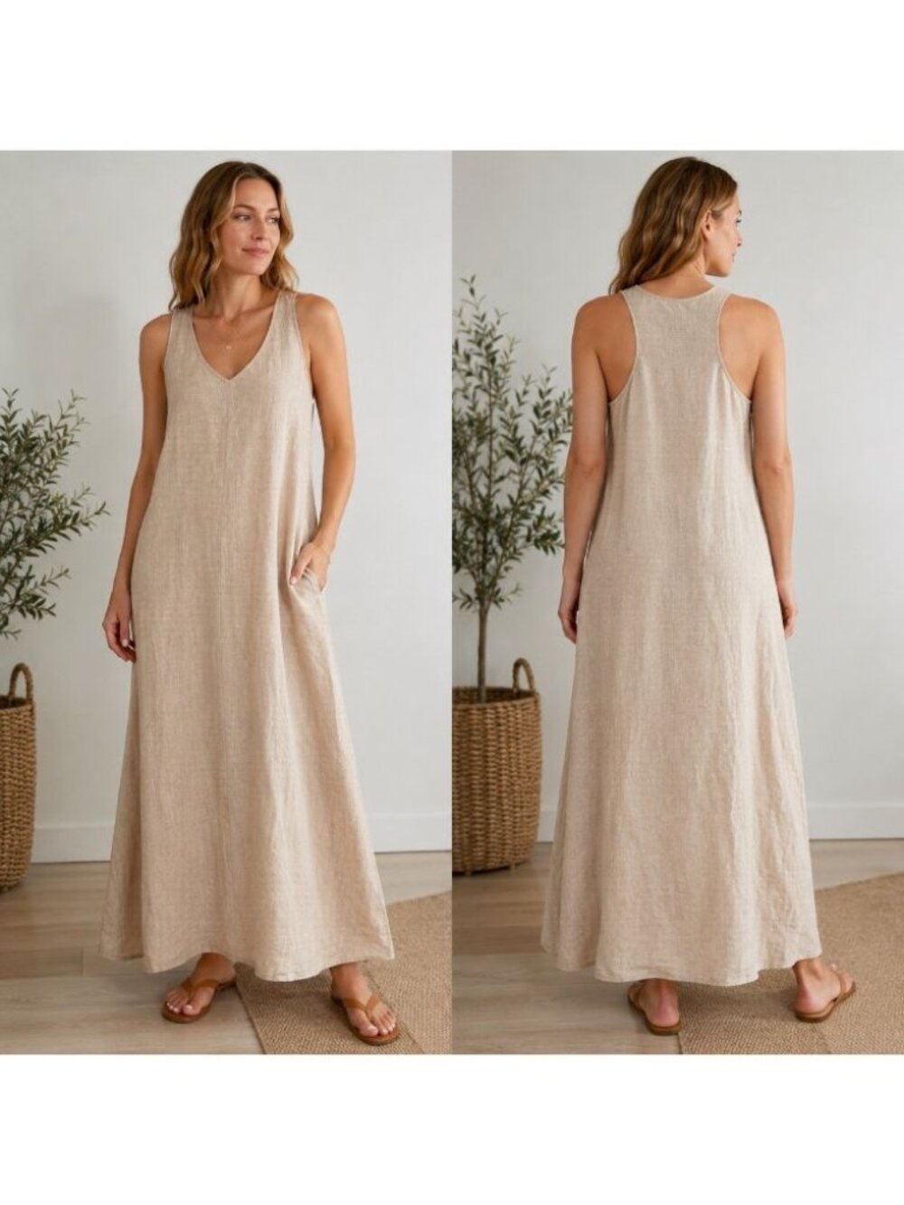 St. Tropez West 100% Linen Maxi Dress Women’s US 6 Beige Sleeveless V-Neck
